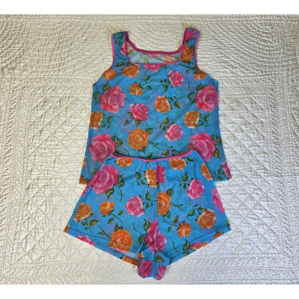 Vintage 90s Y2k Sexy Mesh 2 Pc Pajama Set Small Barbiecore Floral Fairy Whimsy‎